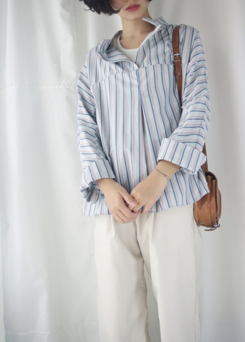 4.5studio设计手作-知性宽领连袖设计衬衫上衣 - 女装衬衫 - 棉．麻 蓝色