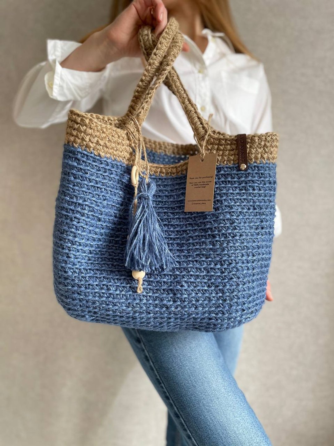 Crochet Jute Bag, Crochet Tote Bag, Crochet Beach Bag, Reusable Grocery Bag - 手提包/手提袋 - 环保材料 蓝色