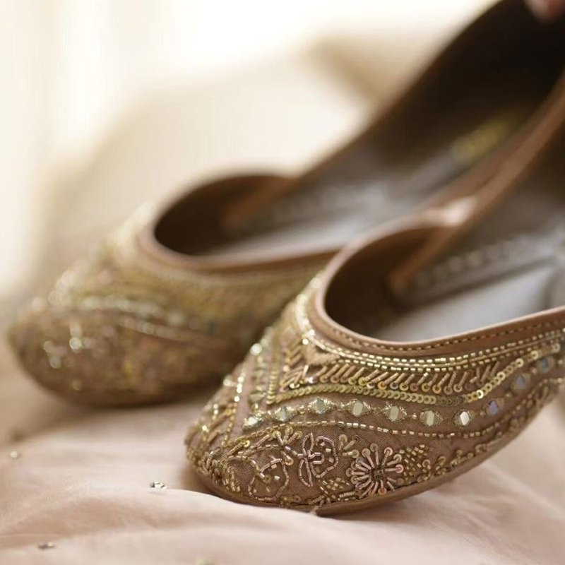 佛池復古水晶釘珠鞋 / 亮片細膩印度手工 / 高端明星同款款 - 穆勒鞋 - 真皮 卡其色