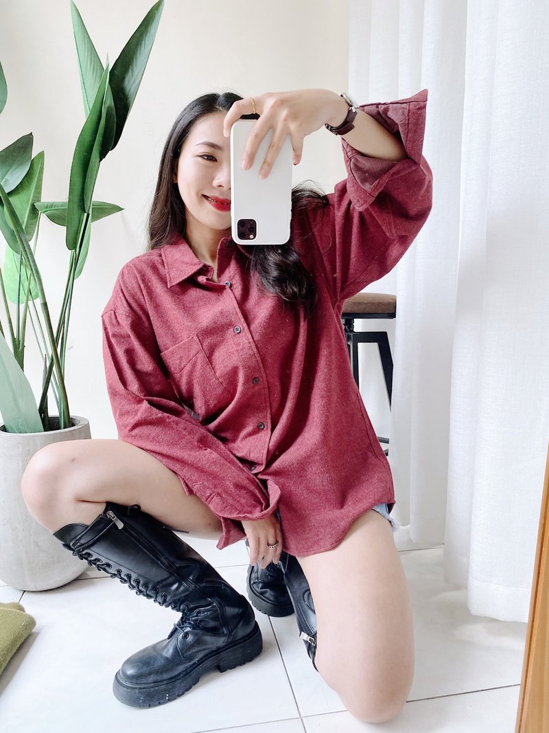 枣红恋粉轻轻莓果梦游园 古董古着中磅混丝衬衫上衣 vintage - 女装衬衫 - 丝．绢 红色