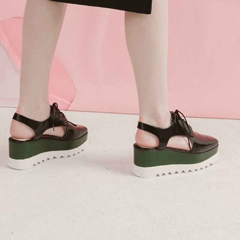 侧挖空结构 绑带厚底真皮凉鞋 黑绿 - 男女凉鞋 - 真皮 黑色