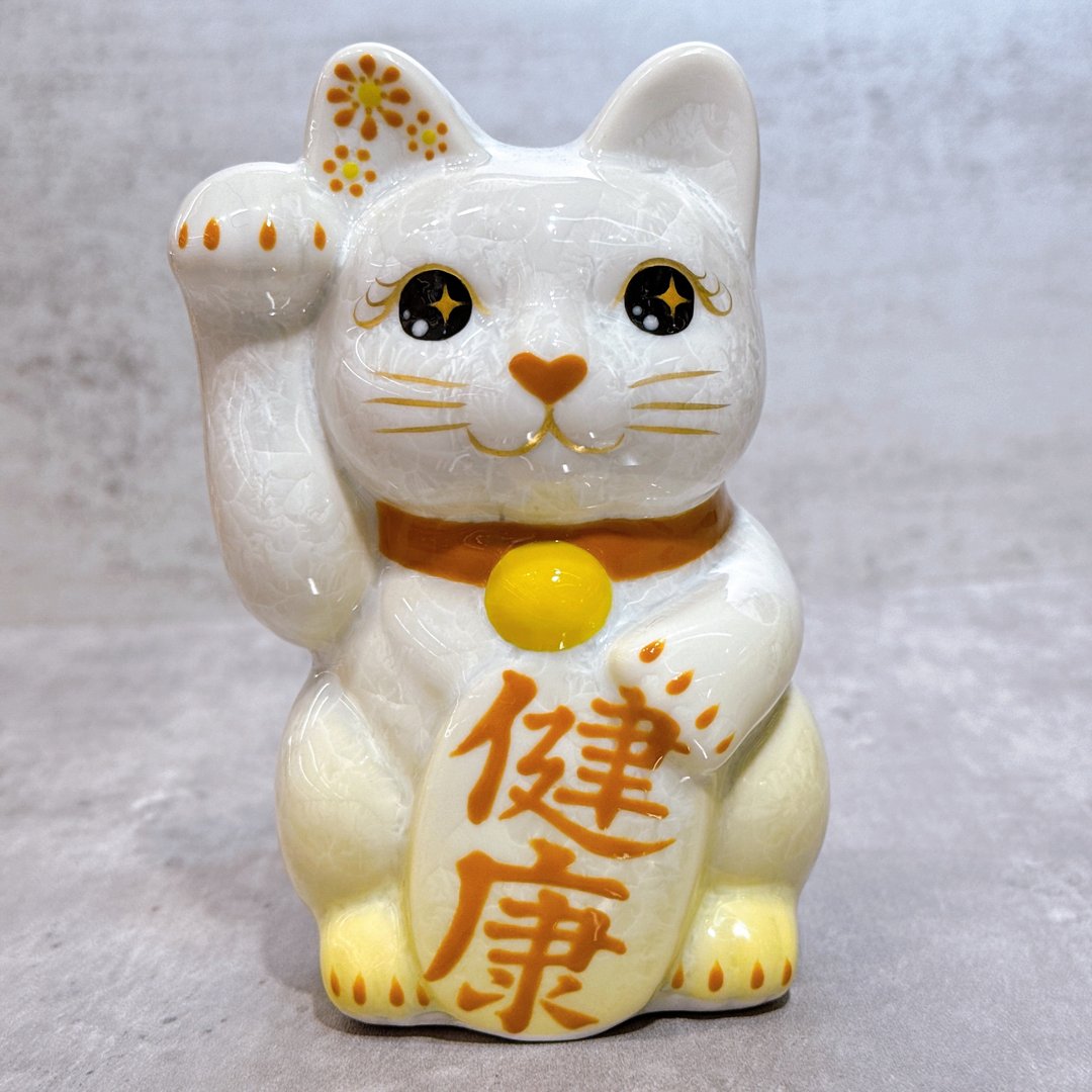 【黄瑞纳寿】日本清水烧招财猫 | 花结晶 黄白 - 健康 右 - 摆饰 - 瓷 白色