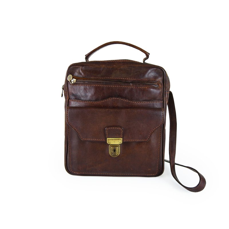 A·PRANK :DOLLY ::复古着VINTAGE意大利品牌LARELLA深咖真牛皮直立式拉链侧背方包 - 侧背包/斜挎包 - 真皮 