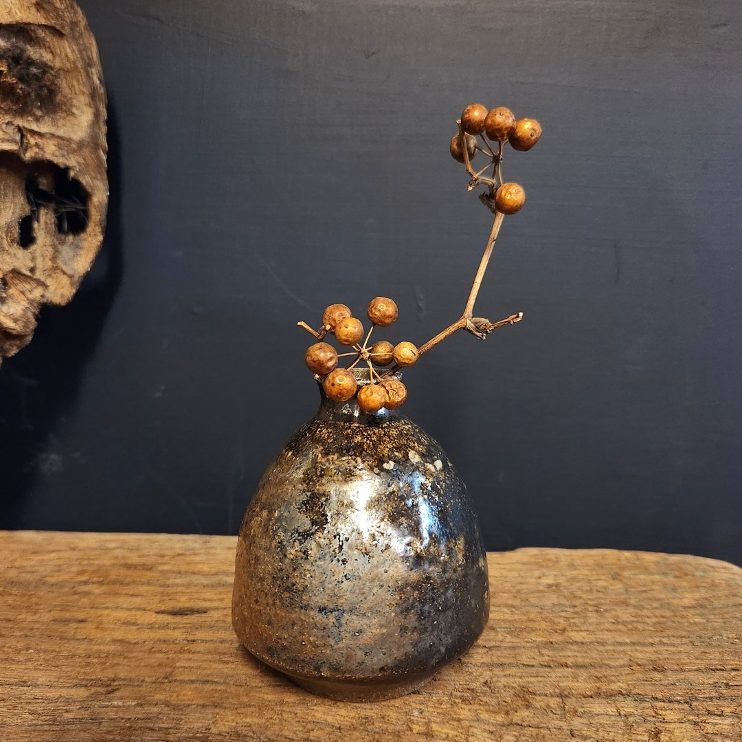 柴烧陶小品花器/茶席花器 - 花瓶/陶器 - 陶 金色