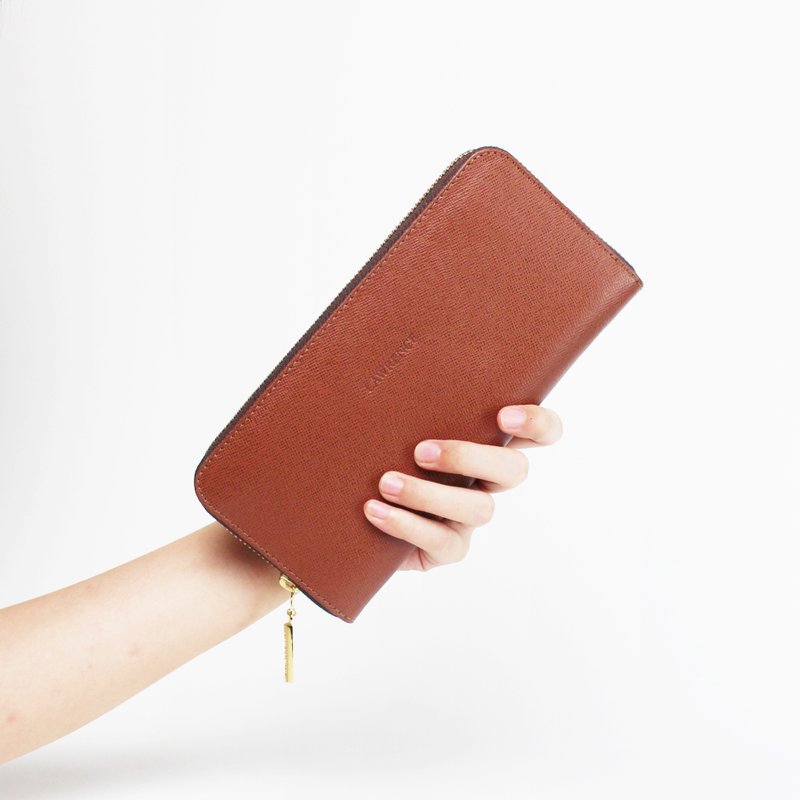 十字压纹牛皮拉链长夹 (防盗刷) -三色 生日情人节礼物 - 皮夹/钱包 - 真皮 咖啡色