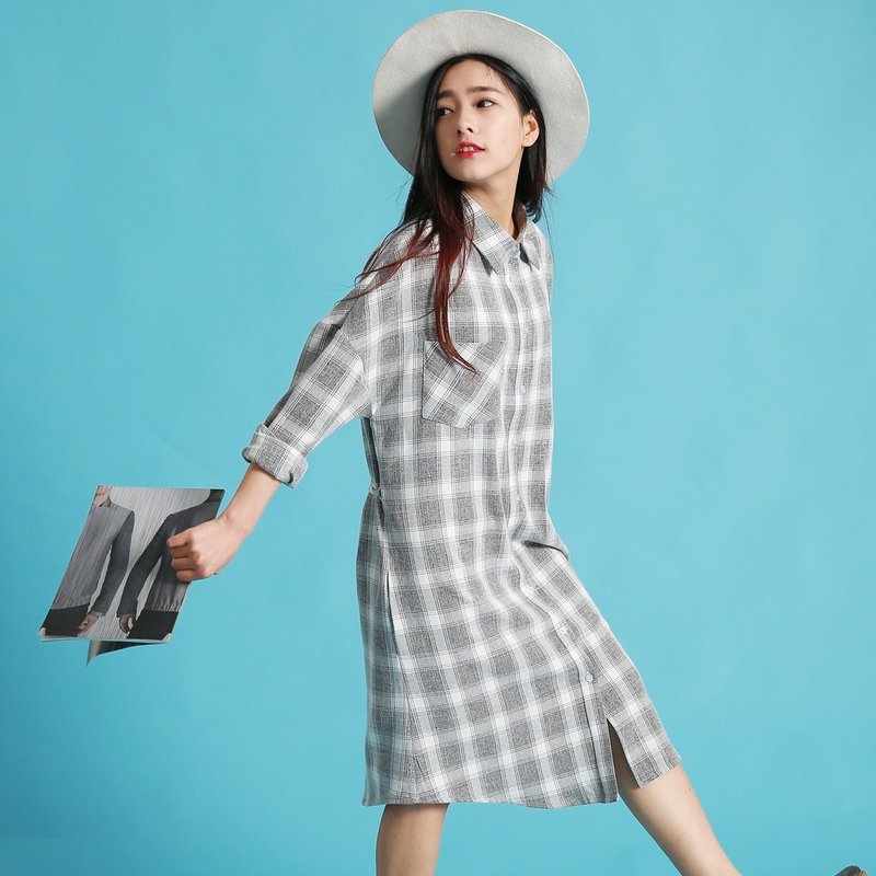 安妮陈2016新款春装 文艺复古灰白格子衬衫中长裙连衣裙春款 - 女装衬衫 - 棉．麻 灰色