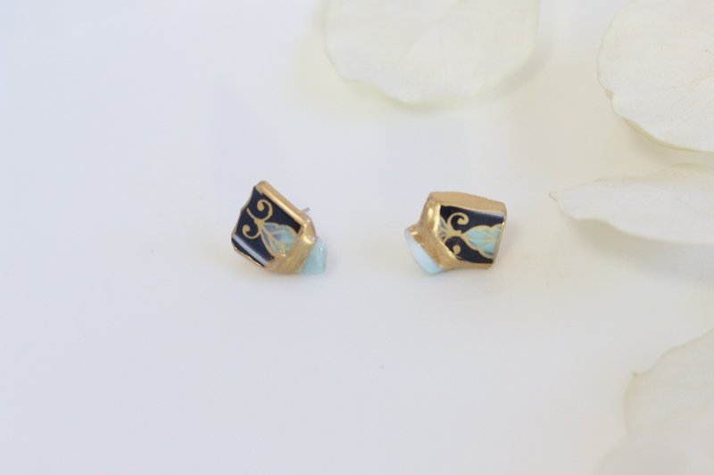 有田烧 金继 医疗级不锈钢耳环 东方风 翠绿色 叶纹 垂坠 传统工艺 a5 - 耳环/耳夹 - 陶 蓝色