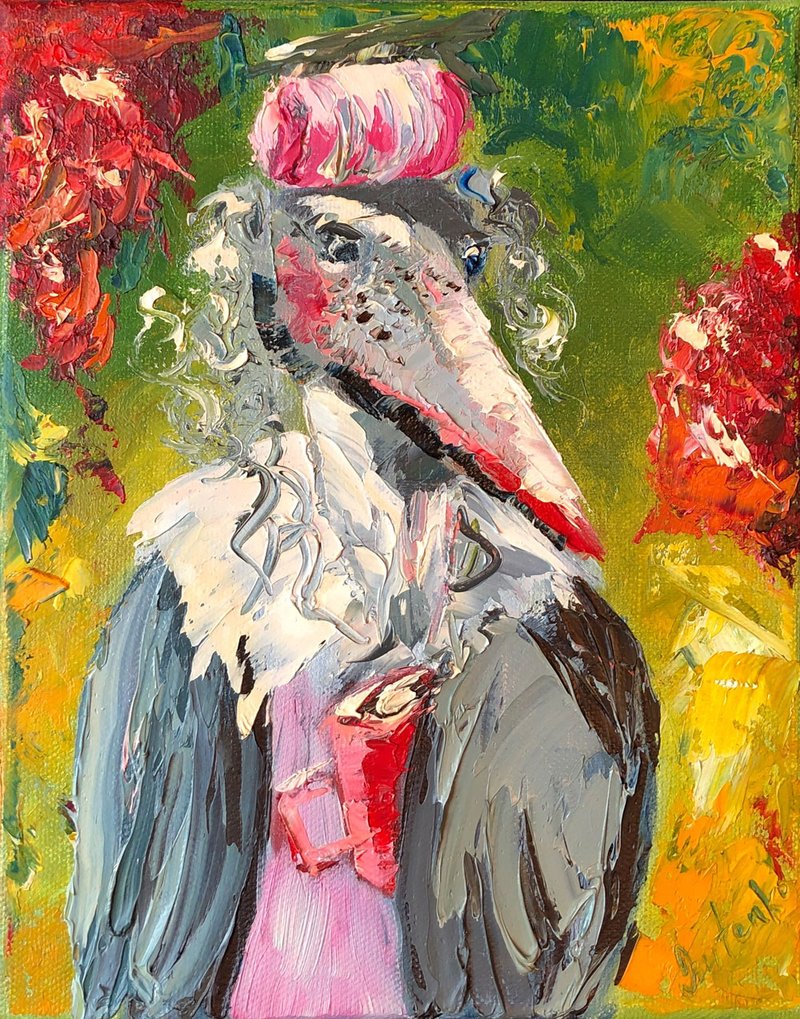 Marabou Stork Painting Original Art Bird Artwork Animal Wall Art Oil Painting - 海报/装饰画/版画 - 其他材质 绿色