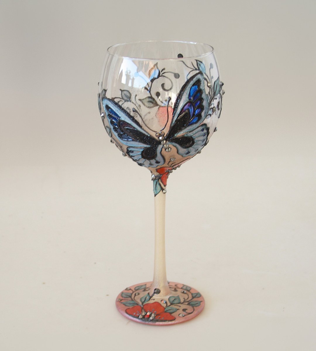 Wine Glass Night Butterfly Red Flowers Hand Painted Swarovski Crystals - 酒杯/酒器 - 玻璃 多色