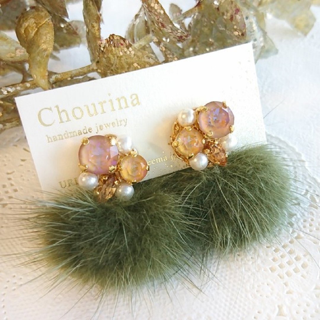 Mink fur bijou Clip-On, earrings (Khaki) - 耳环/耳夹 - 其他金属 绿色