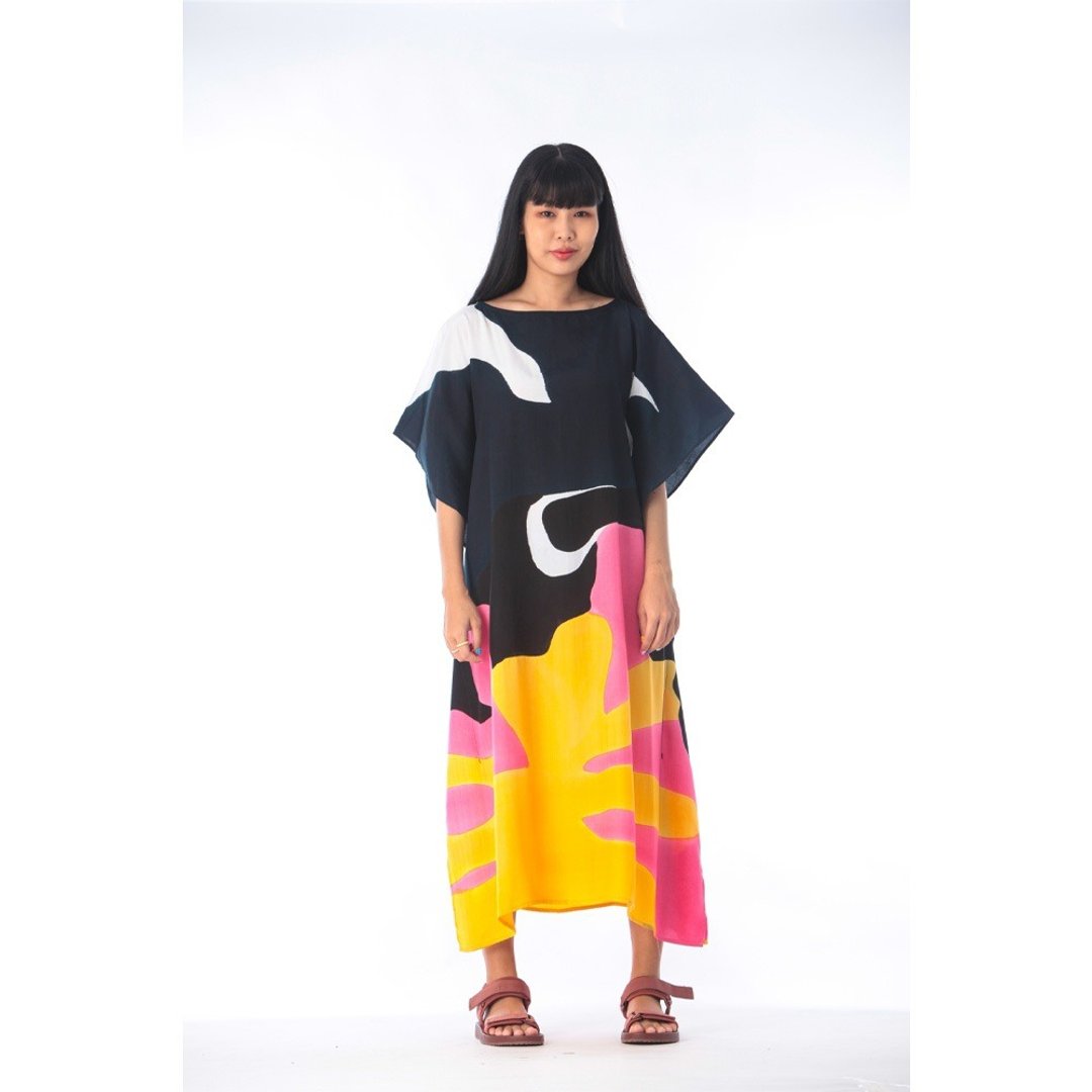 Hand Painted Cotton Silk Kaftan for Summer Resort Vacation F - 洋装/连衣裙 - 棉 蓝色