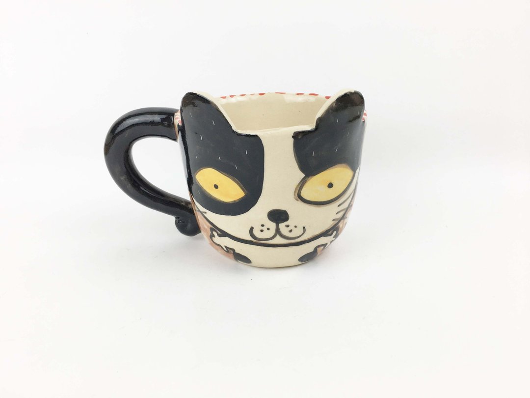 Nice Little Clay 手工耳朵大杯 大小花猫 0104-02 - 咖啡杯/马克杯 - 陶 咖啡色