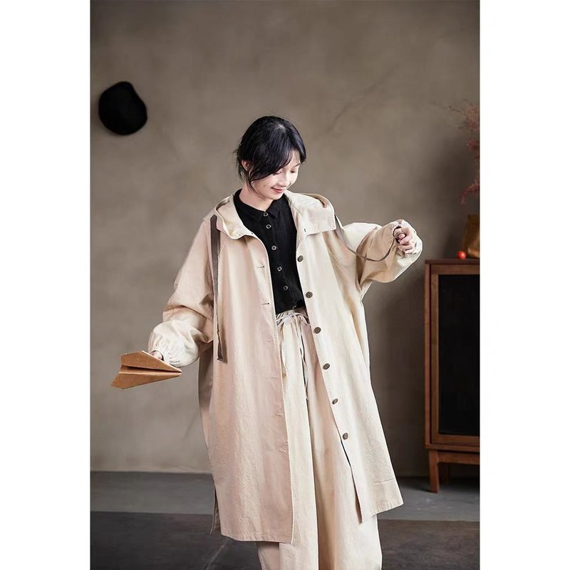 奶油色纯棉高质朴素连帽中款风衣 - 女装西装外套/风衣 - 棉．麻 