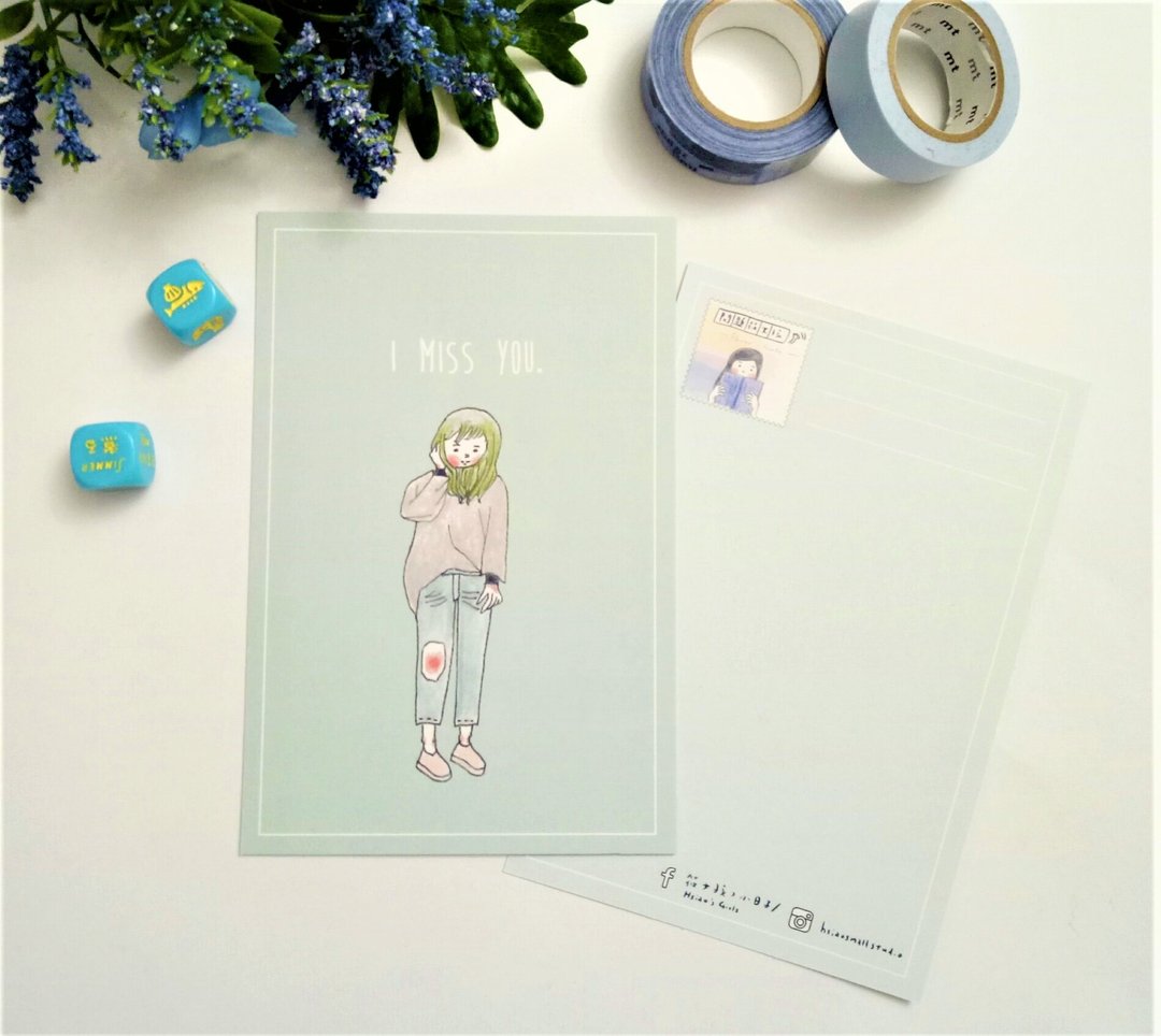 -I Miss You- 女孩插画明信片 - 卡片/明信片 - 纸 蓝色