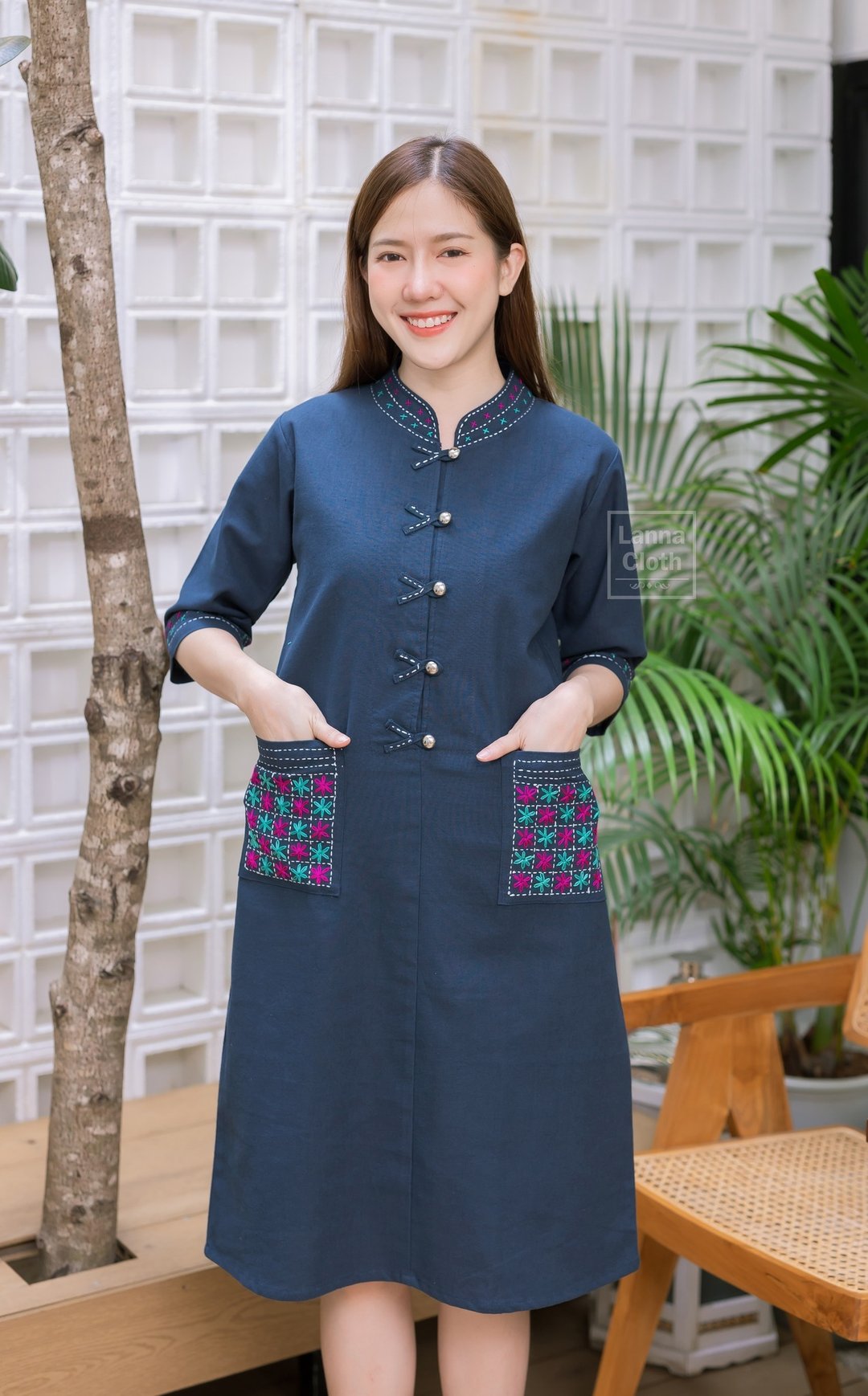 土著服饰绣花包 棉质 靛蓝色。 5 个可拆卸按钮 - 洋装/连衣裙 - 棉 