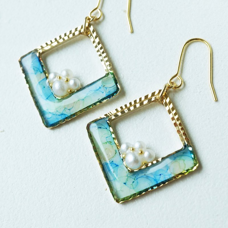 Sea art square and design pearl earrings / Clip-On - 耳环/耳夹 - 树脂 蓝色