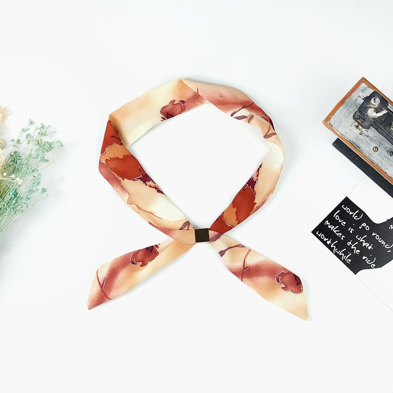 小牛村 手工小领巾 发带 轻薄丝巾 花边镶银【银朱渲花】AS-42 - 丝巾 - 丝．绢 红色