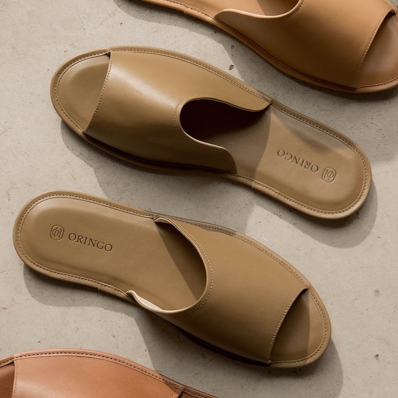 【入厝礼】蜡感牛皮室内开口拖鞋 橄榄绿 - 拖鞋 - 真皮 绿色