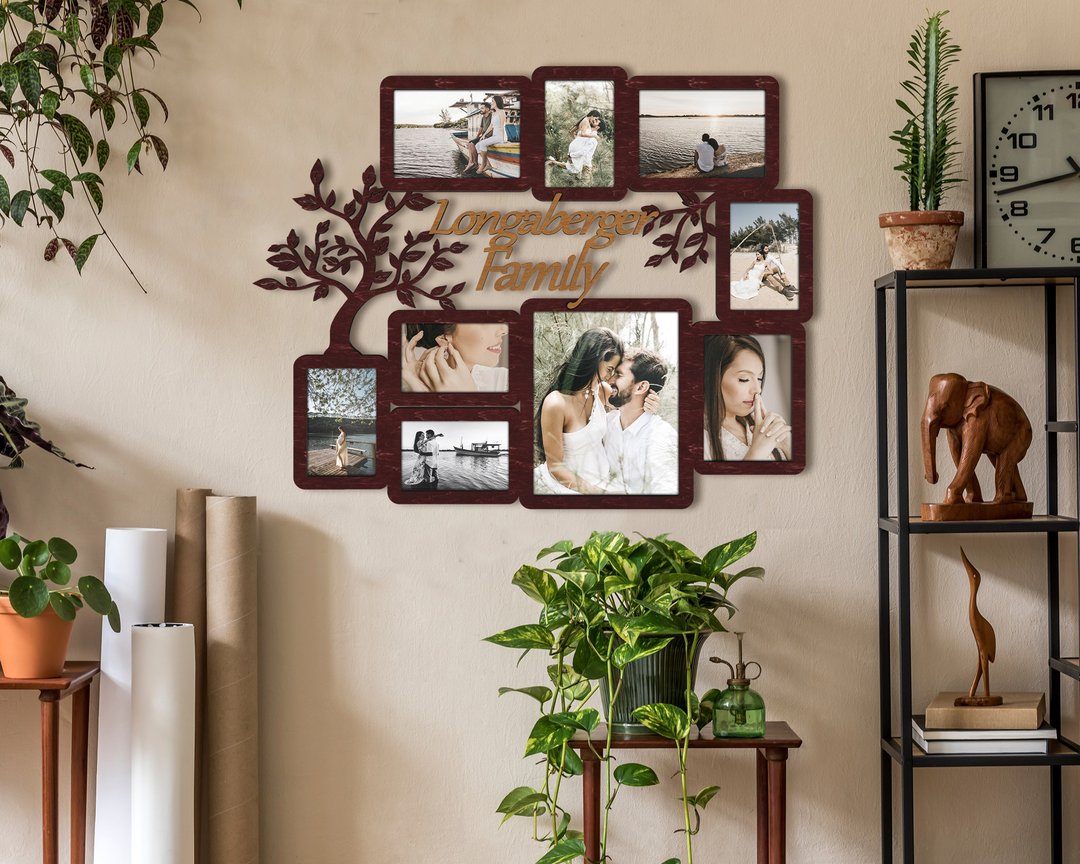 Wooden photo frame gallery Custom text Wall mounted 9 frames Tree wall art - 画框/相框 - 羊毛 红色