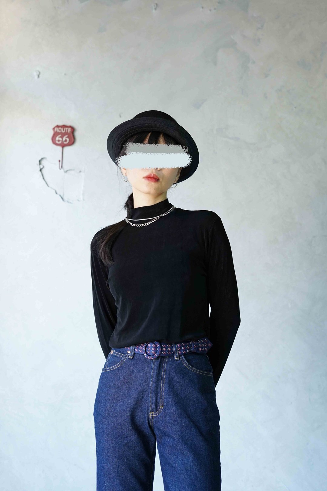 寻宝古着-光泽感弹性细针织半高领黑色内搭上衣 - 女装上衣 - 聚酯纤维 黑色