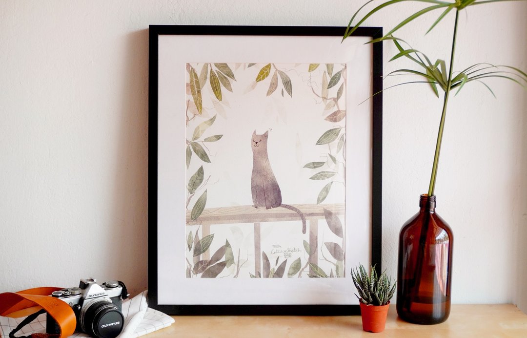 Poster Cat on terrace - 海报/装饰画/版画 - 纸 绿色