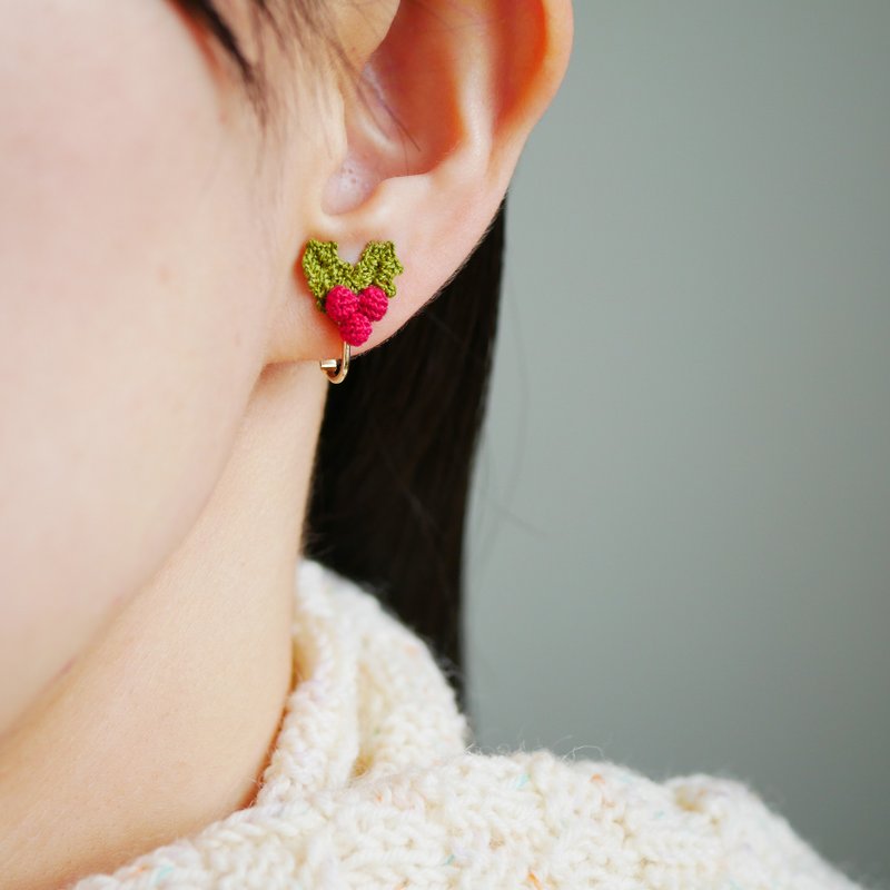 【限时贩售】浅绿冬青耳环/耳夹　圣诞节/手工制作的/圣诞礼物 - 耳环/耳夹 - 绣线 红色