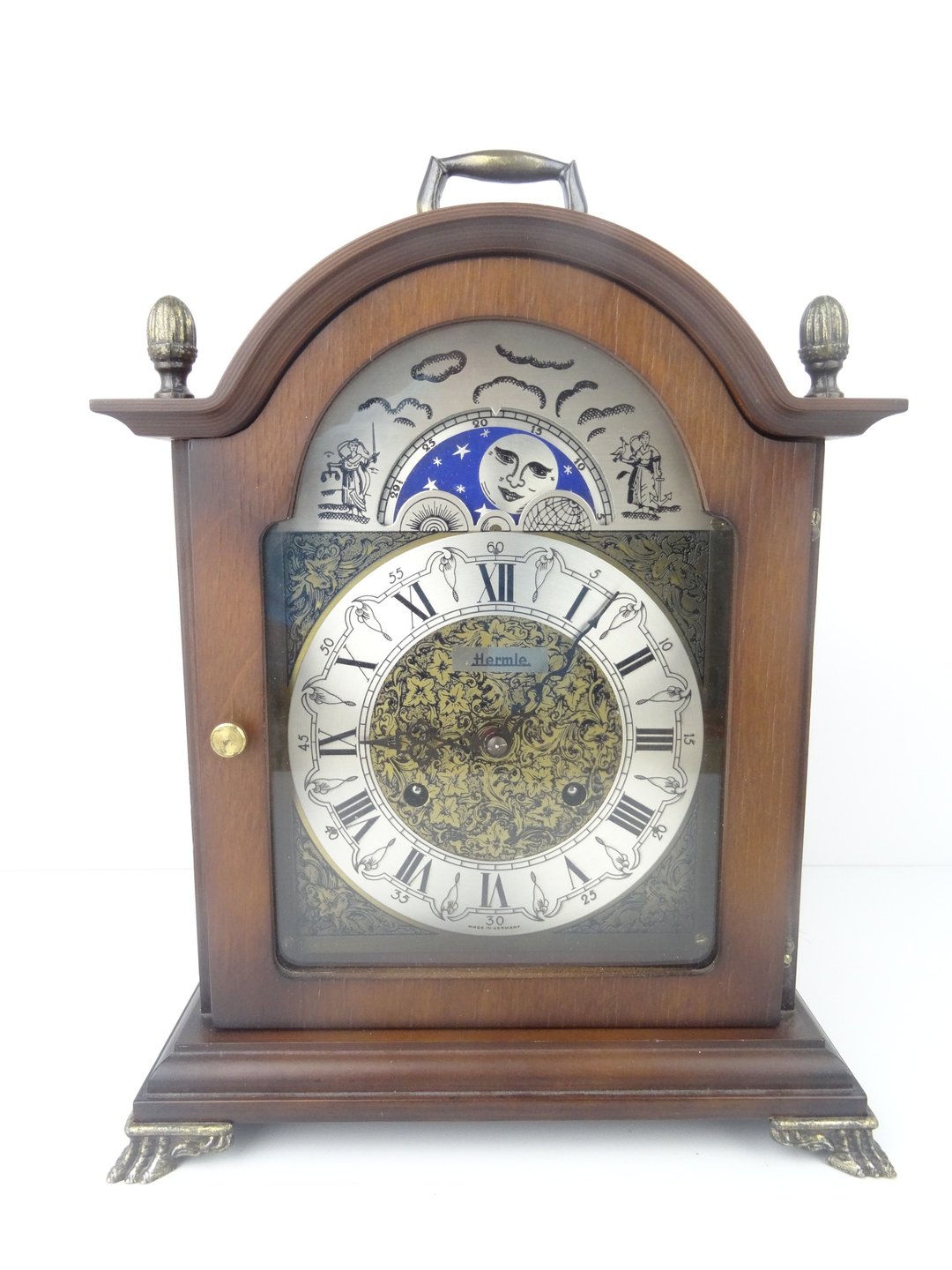 Antique Vintage German Mantel Clock HERMLE Shelf Bracket Moon Phase 8 day - 时钟/闹钟 - 木头 咖啡色