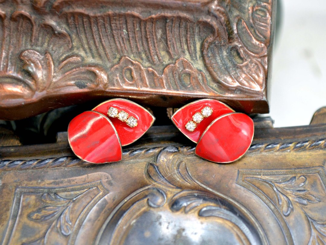 中古红色蔷薇闪钻夹式耳环耳夹 贵妇 日本高级二手古着珠宝首饰 - 耳环/耳夹 - 其他材质 红色