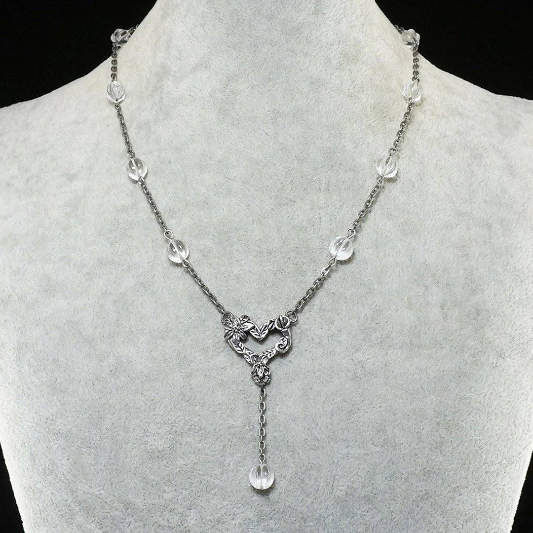 Silver Heart Necklace Clear Czech Glass Necklace Delicate Y Necklace Jewelry - 项链 - 玻璃 银色