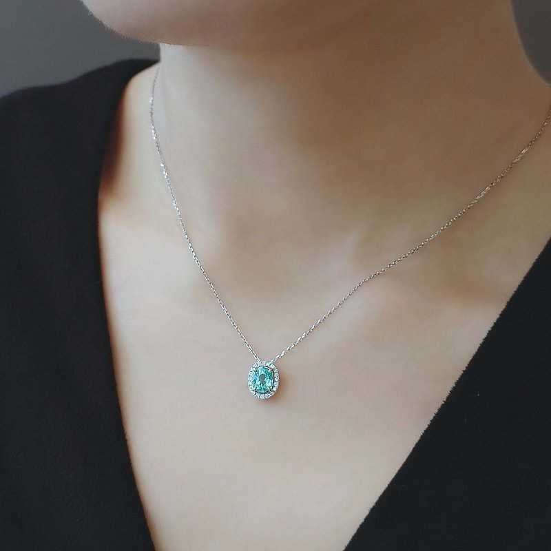 限量现货- 帕拉依巴碧玺 椭圆切割 微镶钻石 纯 18K 白金项链 - 项链 - 宝石 蓝色