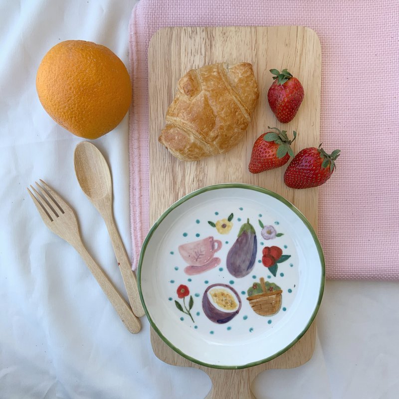 Picnic recipe ceramic plate | Green edge - 浅碟/小碟子 - 陶 绿色