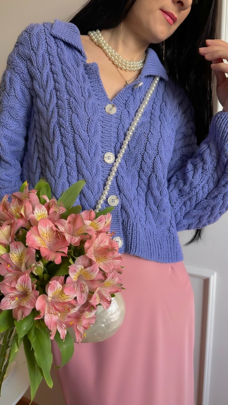 翻领罗纹针织开襟外套，有机棉短版毛衣外套 - 女装针织衫/毛衣 - 棉．麻 