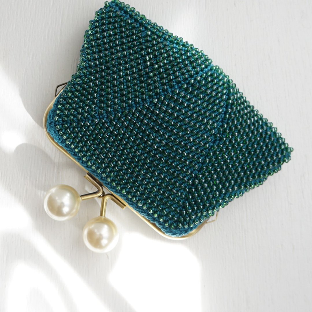 Ba-ba handmade Beads crochet square pouch No.1798 - 皮夹/钱包 - 其他材质 绿色