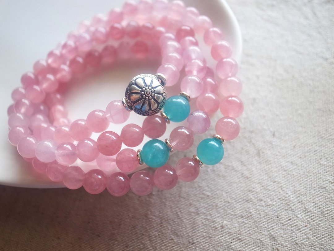 ORLI Jewelry 天然马达加斯加粉晶108颗念珠X多圈手链 纯银花朵 - 手链/手环 - 宝石 粉红色