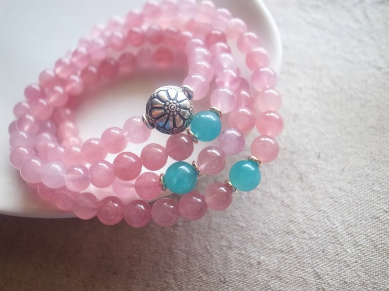 ORLI Jewelry 天然马达加斯加粉晶108颗念珠X多圈手链 纯银花朵 - 手链/手环 - 宝石 粉红色