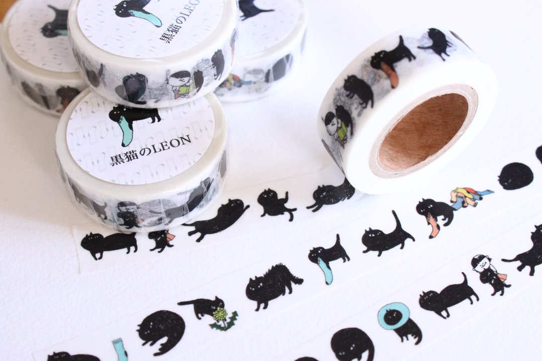 Black cat LEON / 15mm × 10m masking tape - 纸胶带 - 纸 黑色