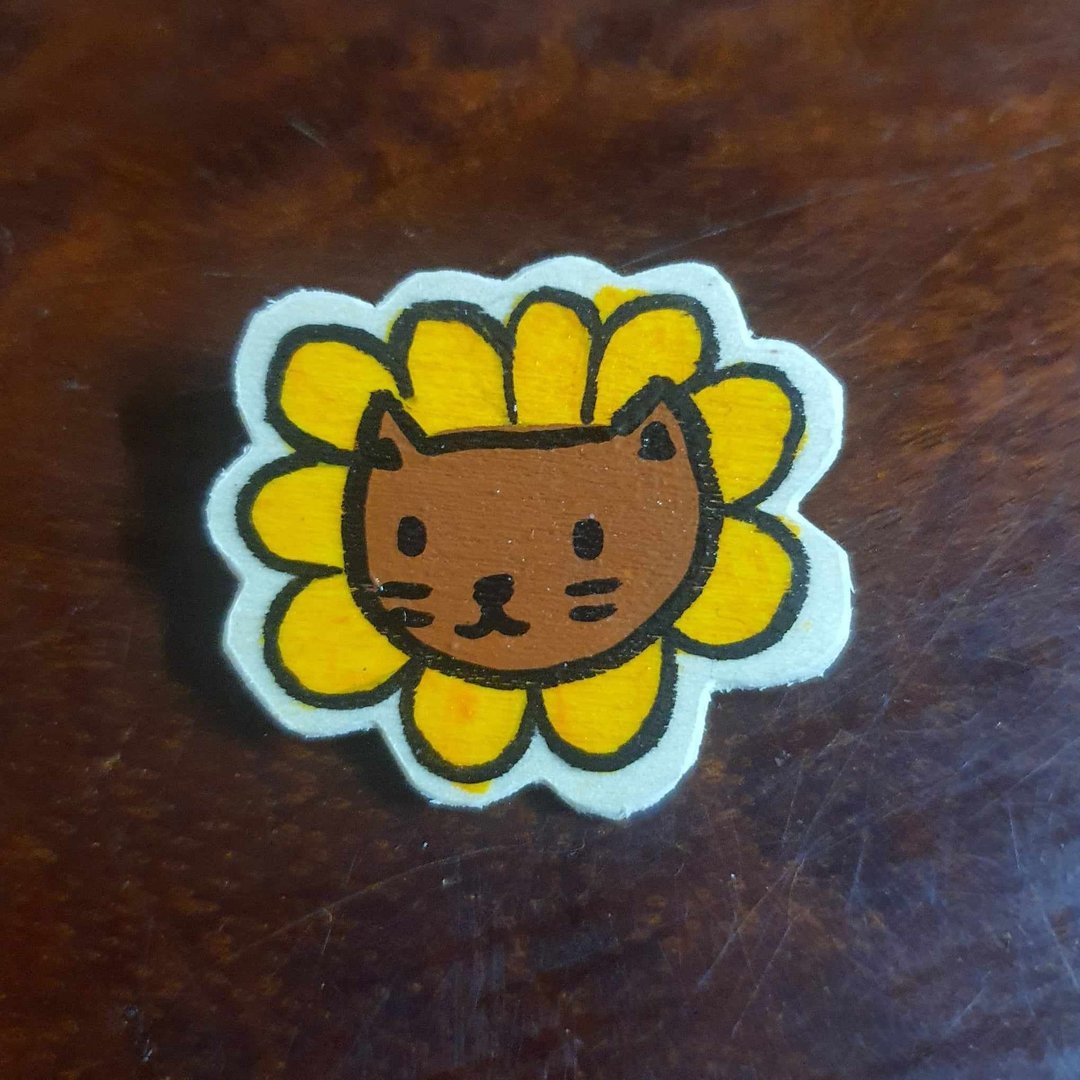 向日葵猫手工木别针 - 胸针 - 木头 橘色