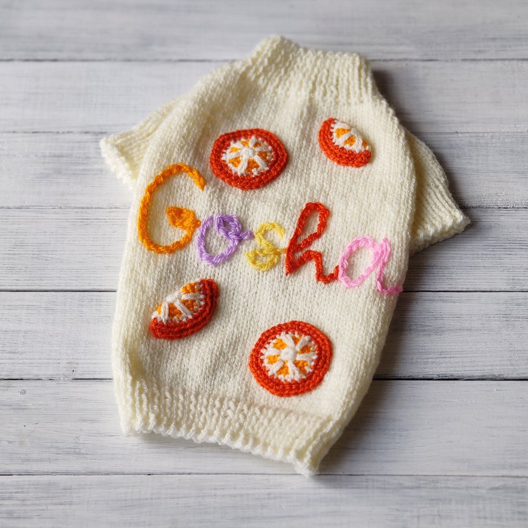 Embroidered dog name small dog sweater Orange motif dog sweater - 衣/帽 - 压克力 