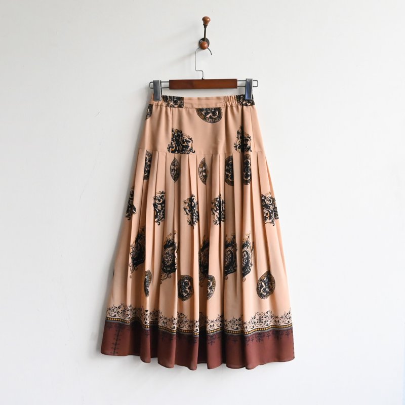 【蛋植物古着】皇家徽纹印花百褶高腰古着长裙 - 裙子 - 其他人造纤维 