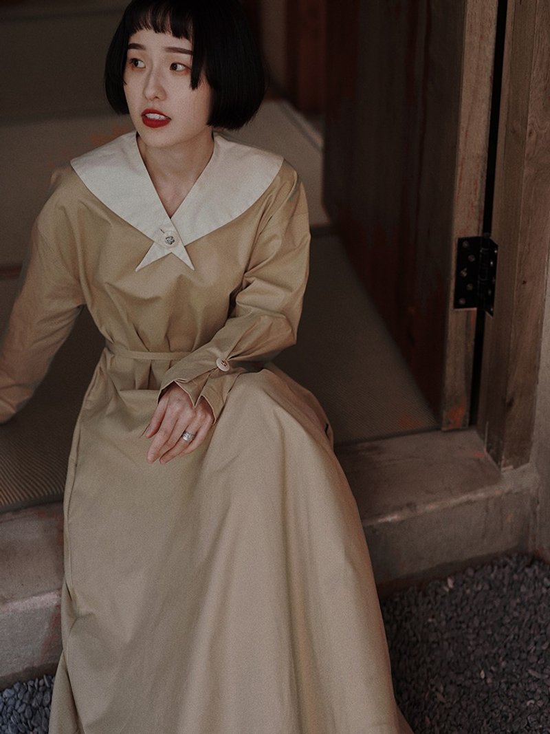 駝色 早春設計感撞色領洋裝 簡約氣質款溫柔後背腰帶收腰連身裙 - 洋装/连衣裙 - 棉．麻 卡其色