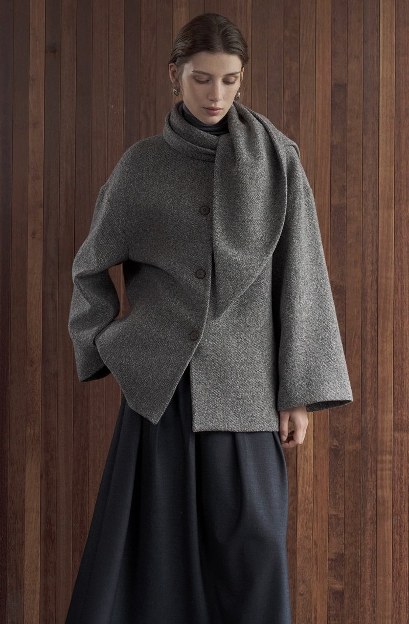 法式极简 圈圈羊毛肌理感 可拆卸围巾大衣外套 - 女装上衣 - 其他材质 灰色