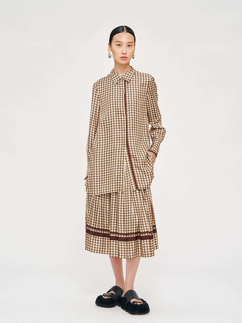 【千鸟格】新中式复古中国风 复古桑蚕丝/印花衬衫 - 女装衬衫 - 其他材质 咖啡色