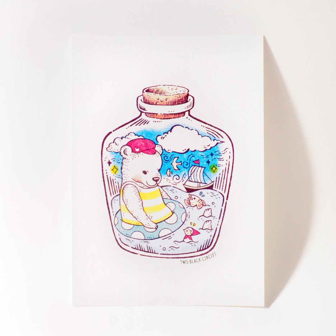 小熊及精灵的瓶中小时光 印章插画明信片 - 卡片/明信片 - 纸 