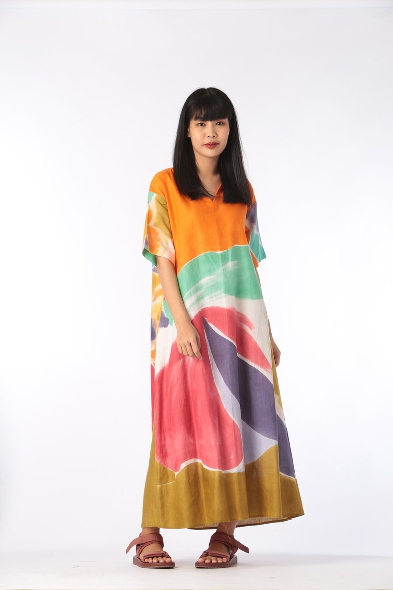 Kaftan Dress Linen V Nack Free Size Hand Paint - 洋装/连衣裙 - 棉．麻 橘色