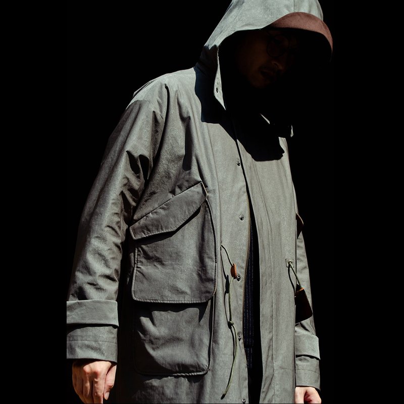 连帽军风大衣 - 男装外套 - 聚酯纤维 绿色