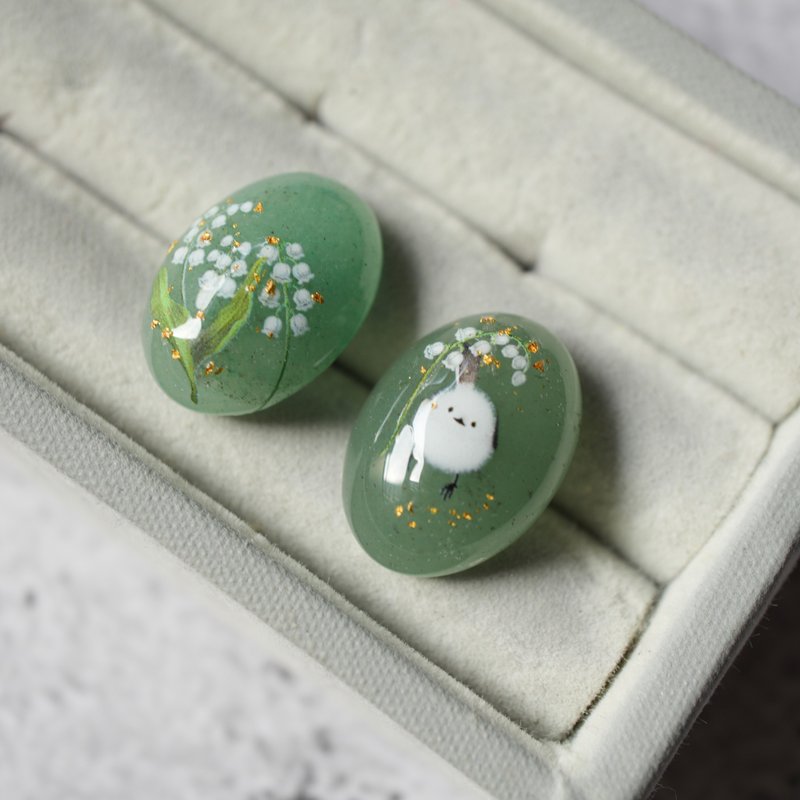 东陵玉铃兰银喉长尾山雀耳环 不对称设计 金箔点缀 - 耳环/耳夹 - 宝石 绿色