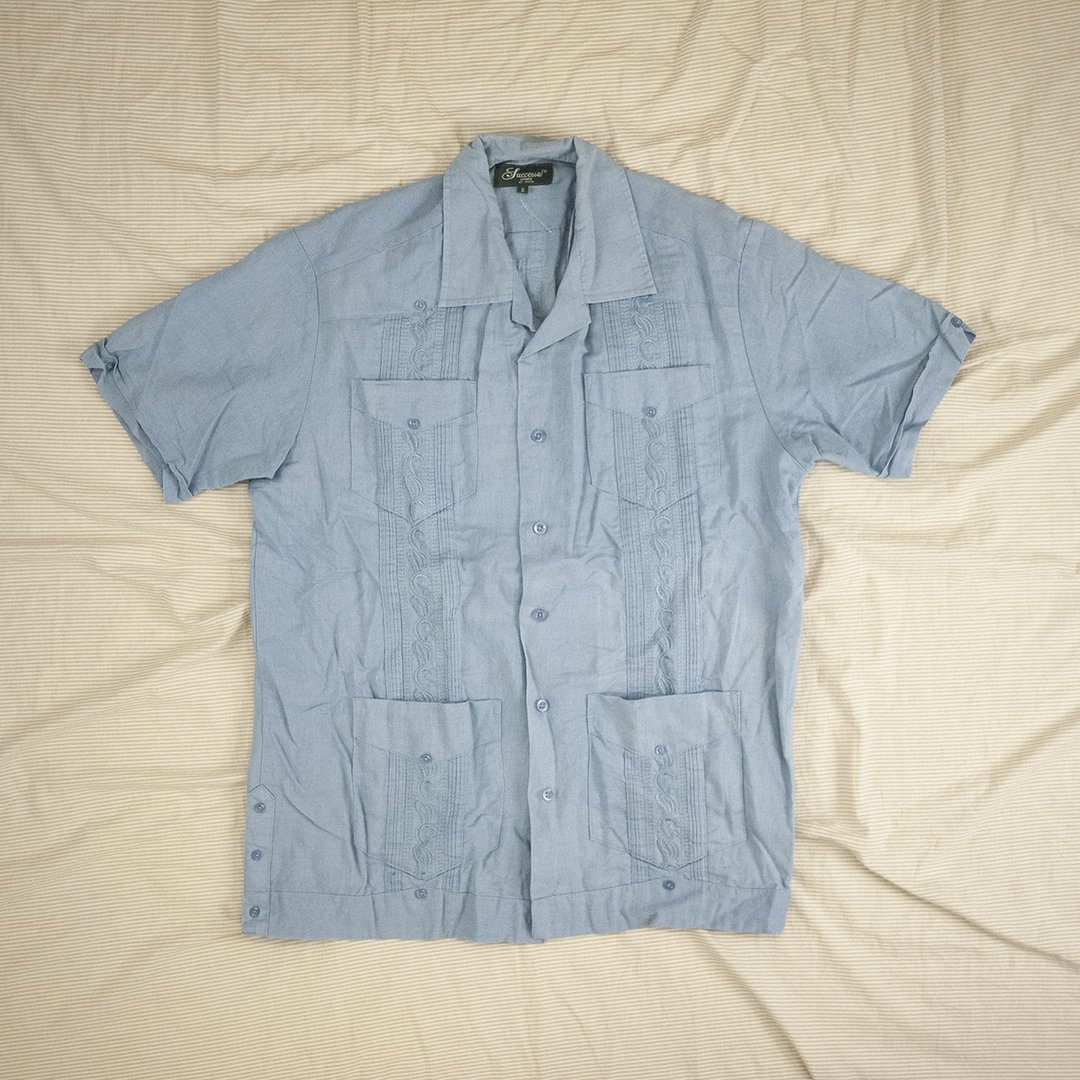 古巴衬衫 水蓝 度假 短袖衬衫 cuba Guayabera Shirt 古着 二手 - 男装衬衫 - 棉 蓝色