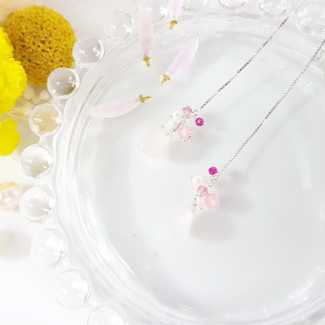 优雅小妞系列 - 玫瑰粉水晶纯银耳链 / Rose Quartz /10月诞生石 - 耳环/耳夹 - 宝石 粉红色