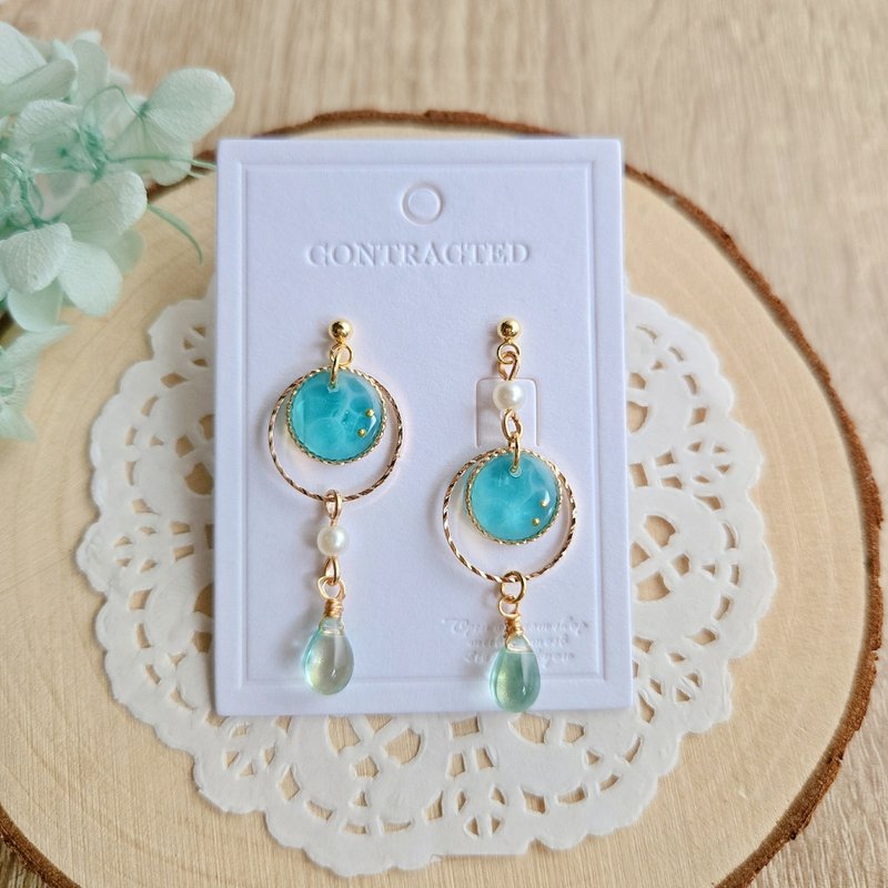 情人节 316医疗钢 蓝绿 耳环 海洋风海浪 珍珠 夏天 耳针耳夹七夕 - 耳环/耳夹 - 树脂 绿色