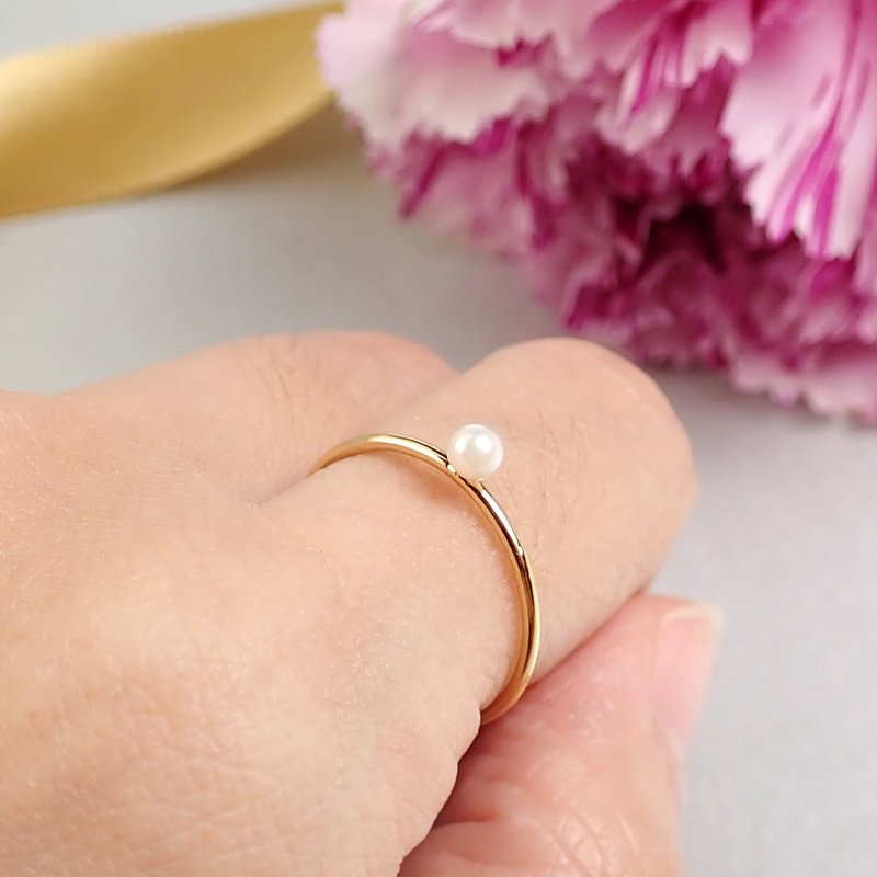 限量 - 极简 | 天然BabyAkoya淡玫瑰粉迷你珍珠美国注金14KGF戒指 - 戒指 - 珍珠 白色